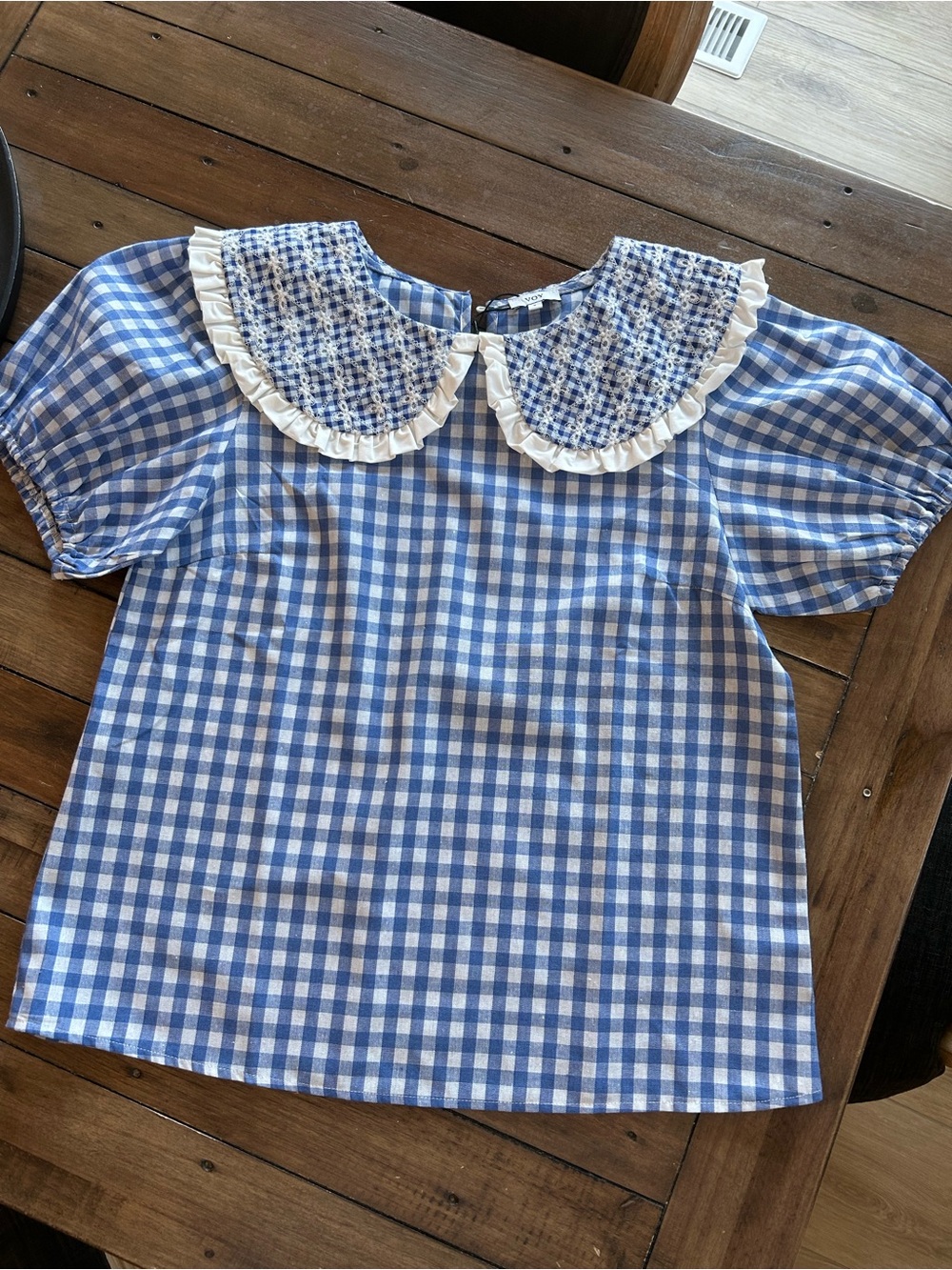 VOY Boutique Blue Gingham Checkered Collared Puff Sleeve Blouse S - Picture 2 of 8